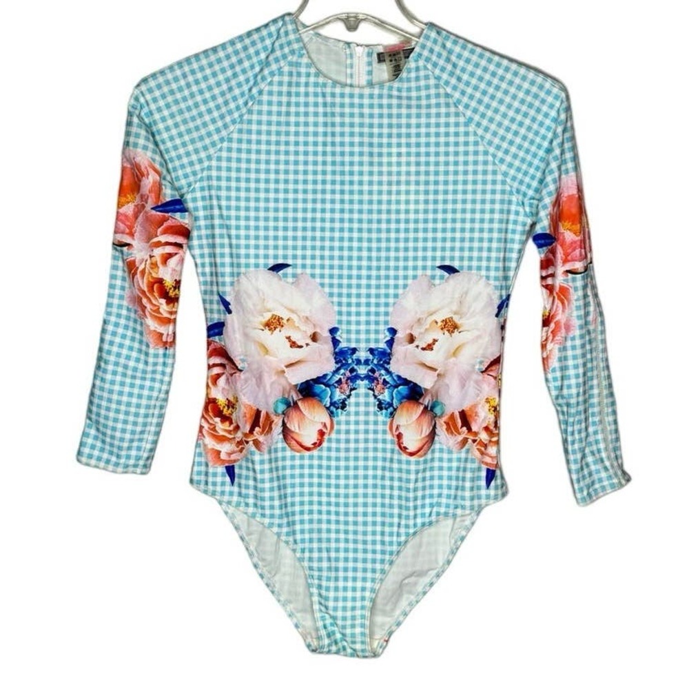 6 Shore Road Swim Suit Womens Large Blue White Sweel Surfsuit Peony Gingham